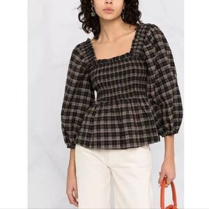 GANNI CHECKERED SEERSUCKER PUFF SLEEVE BLOUSE TOP